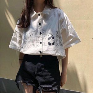 Bear Printed Short-Sleeve Button-Up Shirt